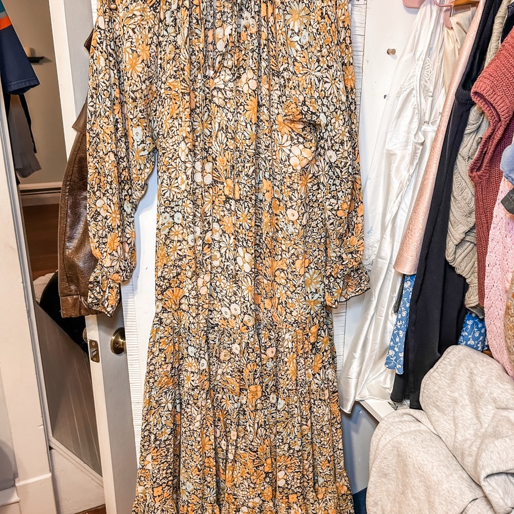 Free People Orange and Cream Floral Long Sleeve Dress